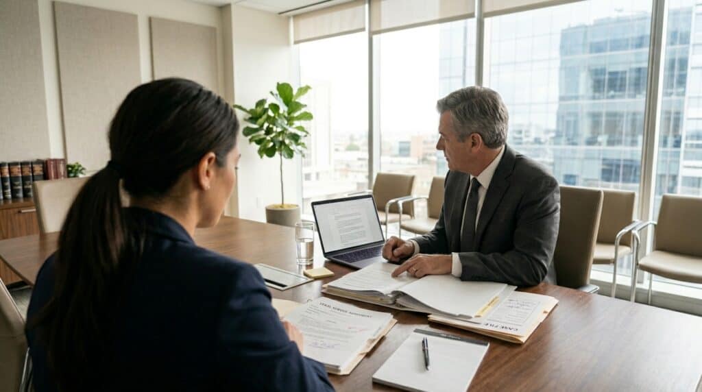 Attorney reviewing nursing license reinstatement documents with a client during a legal consultation nursing licenses suspended in Texas
