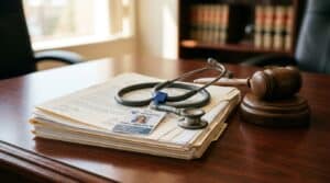 Nursing stethoscope and badge on legal documents representing Texas nursing license suspension defense