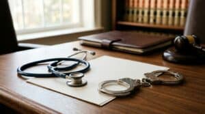 Nurse stethoscope beside handcuffs and legal documents representing a Texas nurse arrested for theft and facing TBON investigation