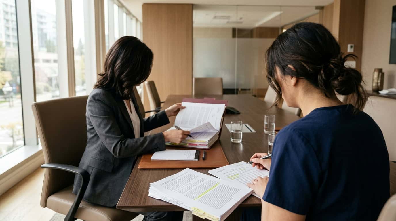 Attorney reviewing a theft charge TBON investigation defense file with a Texas nurse during a legal consultation