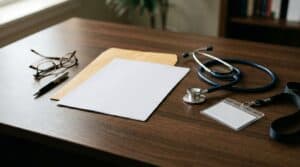 Letter of investigation beside a nurse's stethoscope and badge representing a Texas nurse under TBON investigation
