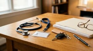 A nurse's stethoscope and badge beside car keys and legal documents representing a Texas nurse facing a DWI and possible license discipline