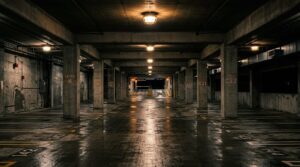 Empty parking garage level at night under sodium light, representing how you can lose your nursing license for DWI in Texas
