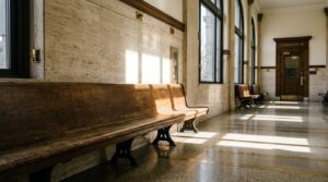 Empty wooden bench in a courthouse corridor in morning light, representing a nursing license misdemeanor case in Texas