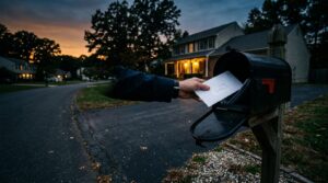 Hand reaching into a suburban mailbox for a single envelope at dusk, representing a Texas nurse under TBON investigation
